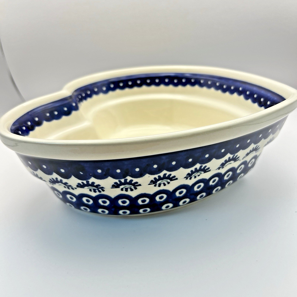 Boleslawiec Polish Pottery Heart Shaped Bowl 9" Blue Ivory Floral Serving Dish